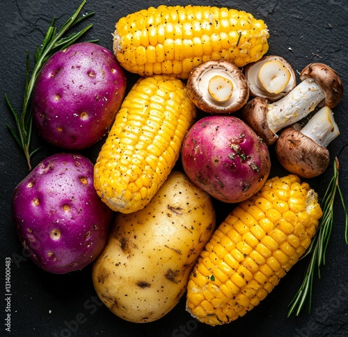 A top view of a rustic wooden background adorned with a selection of vegetables intended for cooking
