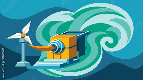 In the midst of swirling rapids a compact and efficient turbine works tirelessly to capture the energy of the rushing water and turn it into. Vector illustration