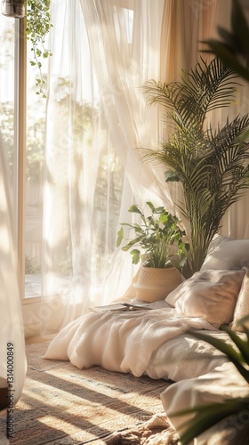 cozy room drenched in sunlight, with soft furnishings such as plush rugs and pastel throws.
