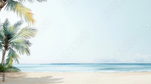 Watercolor Painting Of A Tropical Beach With Palm Trees And Turquoise Ocean