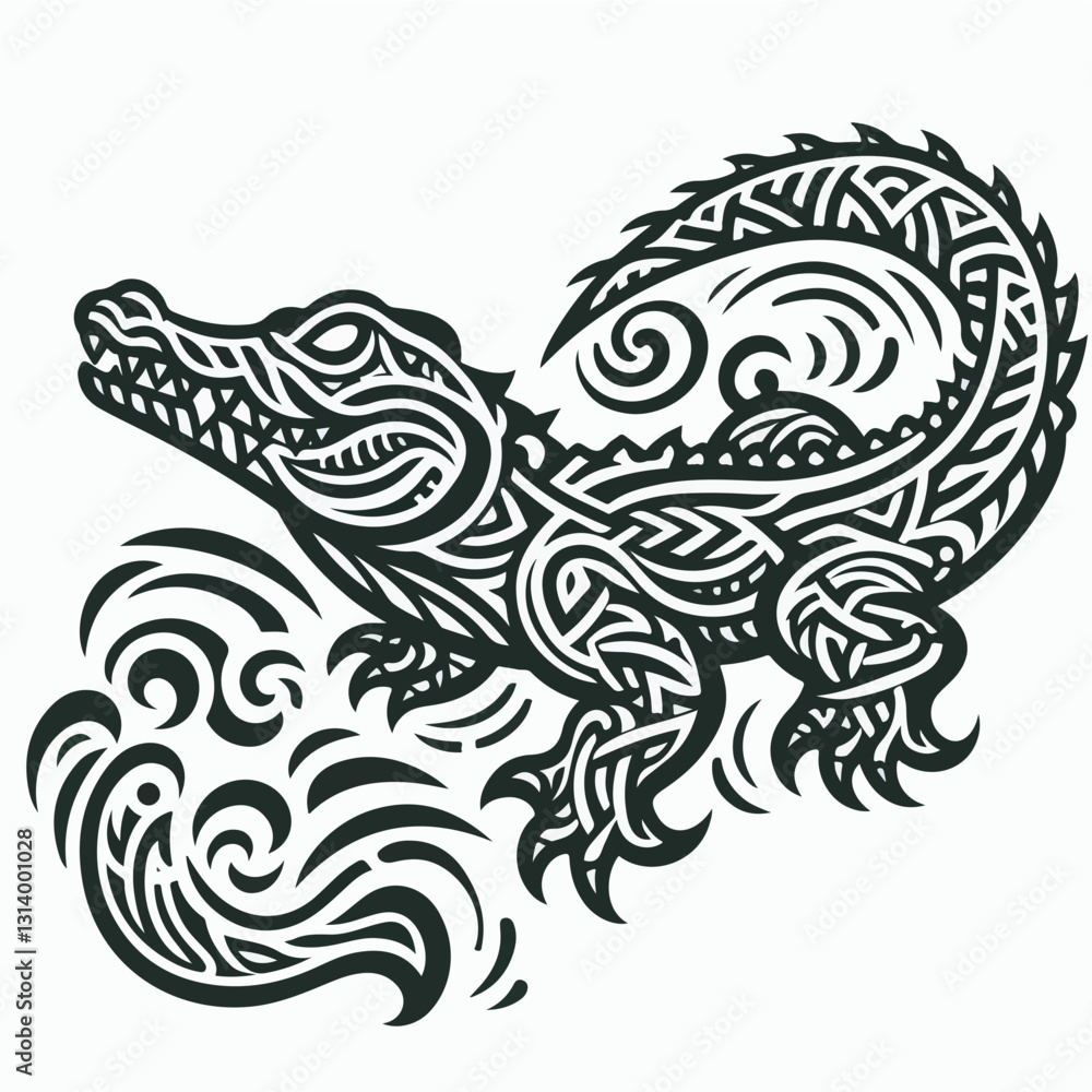 Intricate Alligator Illustration: An artistic illustration of an alligator with ornamental patterns, showcasing a blend of nature and decorative art. Intricate Alligator Illustration: An artistic illustration of an alligator with ornamental patterns, showcasing a blend of nature and decorative art.