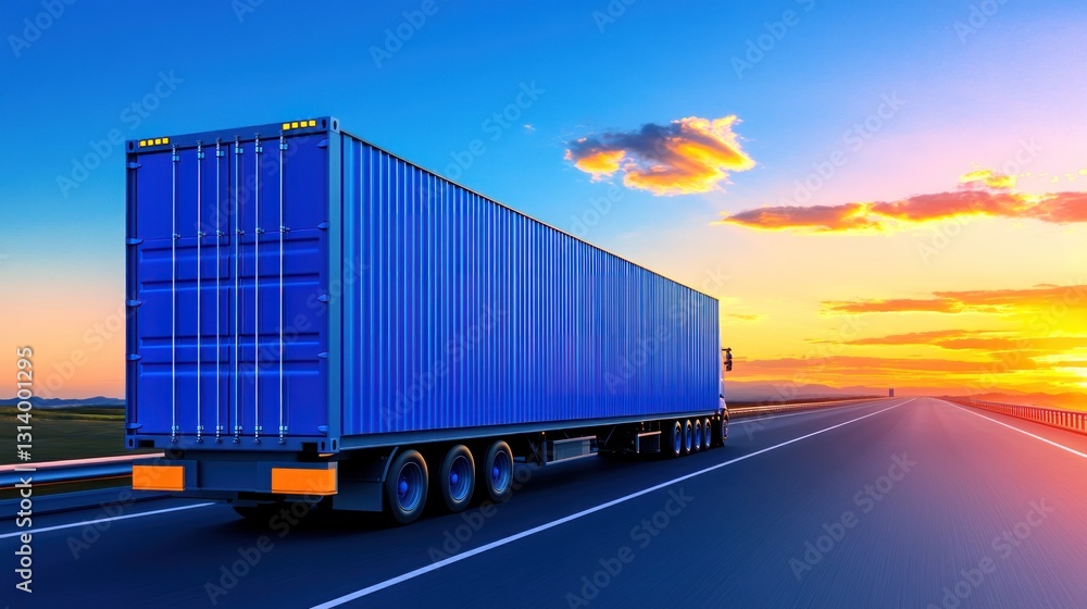 Blue Container Truck on Highway at Sunset Blue Container Truck on Highway at Sunset
