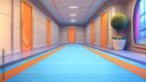 Futuristic Corridor with Orange Doors