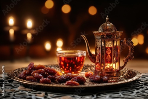 Elegant Traditional Tea and Dates on Decorative Tray