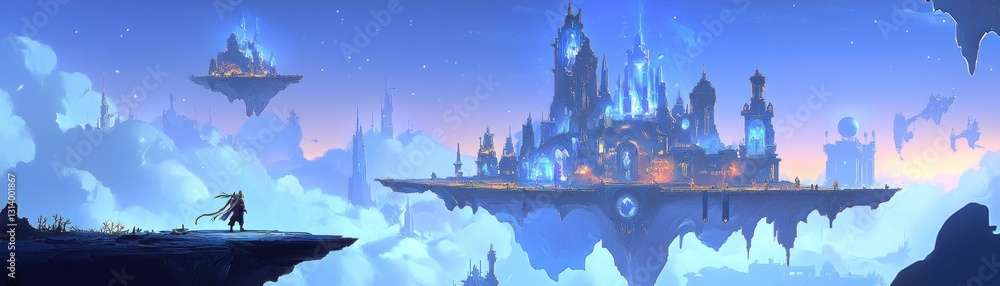 Naklejka premium A person gazes upon a magnificent city in the clouds
