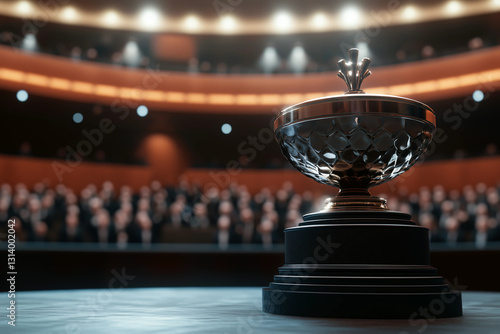 A prestigious trophy on stage in front of a blurred audience, symbolizing achievement and recognition in a grand ceremony.