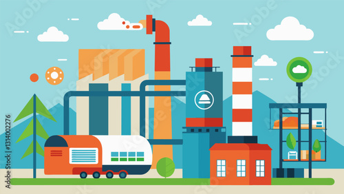 Despite the industrial nature of the facility measures are taken to minimize waste and reduce its impact on the environment.. Vector illustration