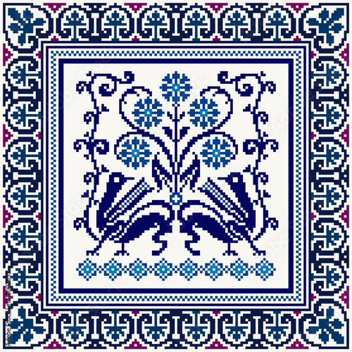 Square seamless Blossom Floral traditional pixel Geometric ethnic pattern design. Detailed Vector for pillowcase, rugs, carpet tile, embroidery, wallpaper, print, textile, mosaic, ceramic, patchwork.