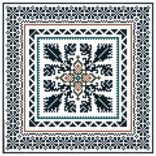 Square seamless Baroque traditional pixel Geometric ethnic pattern design. Detailed Vector for pillowcase, rugs, carpet tile, embroidery, wallpaper, print, textile, mosaic, ceramic, patchwork.