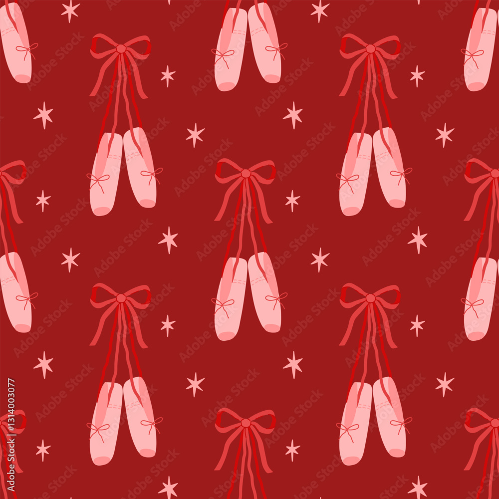Seamless pattern of coquette ballet shoes with ribbon, bow, stars. Hanging pair of ballerina pointe shoes. Ballet slippers for classic elegant dance. Flat vector illustration on red background Seamless pattern of coquette ballet shoes with ribbon, bow, stars. Hanging pair of ballerina pointe shoes. Ballet slippers for classic elegant dance. Flat vector illustration on red background