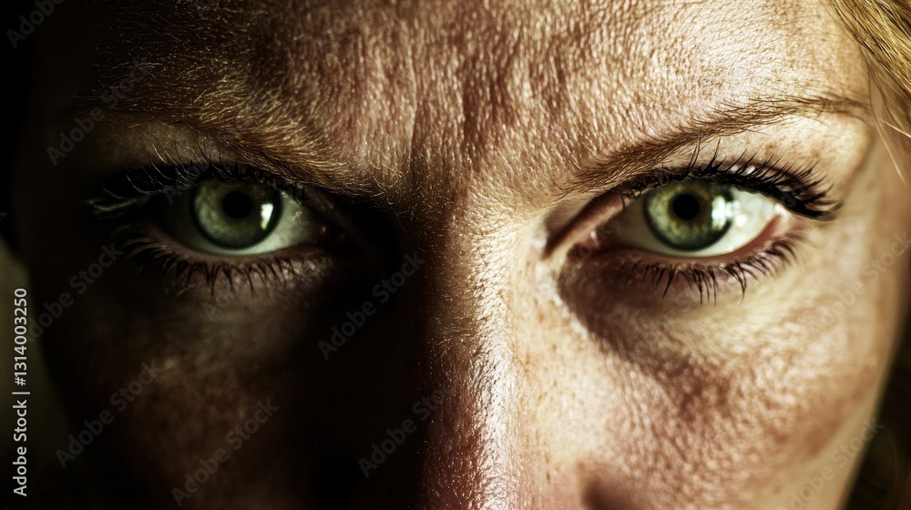 Naklejka premium Close-up of intense green eyes, woman's face, dramatic lighting.