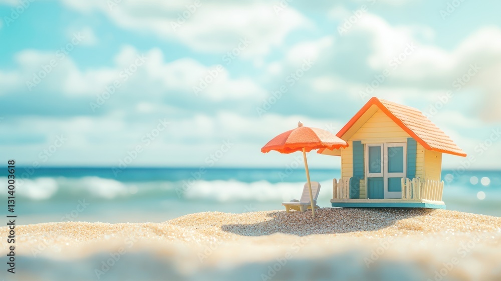 Miniature Beach House Model on Sandy Shore with Ocean View: Summer Vacation Dream Home Miniature Beach House Model on Sandy Shore with Ocean View: Summer Vacation Dream Home
