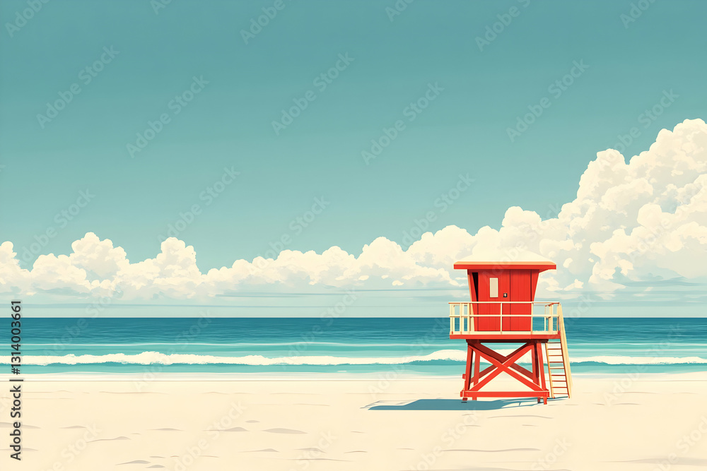 Vibrant red lifeguard tower on a sunny beach with blue sky and clouds Vibrant red lifeguard tower on a sunny beach with blue sky and clouds