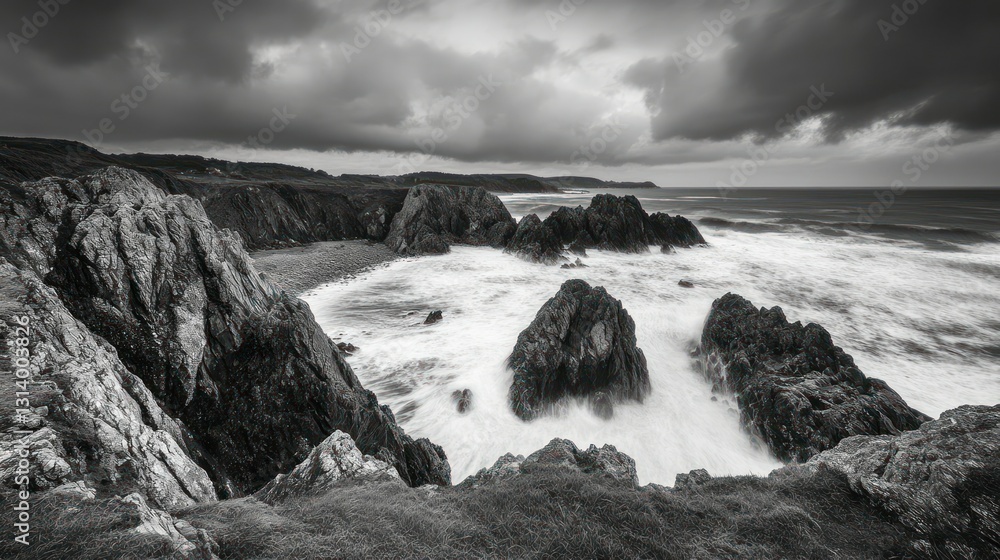 Dramatic coastal scene depicts waves crashing on rugged rocky formations Dramatic coastal scene depicts waves crashing on rugged rocky formations