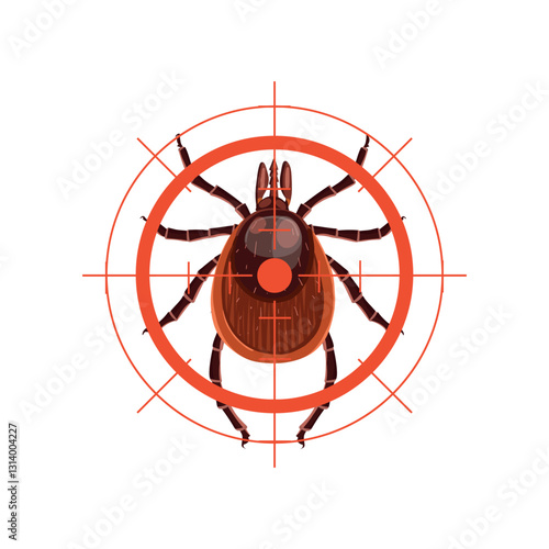 tick under the gun. Stop insects sign. Mite in red forbidding circle, vector