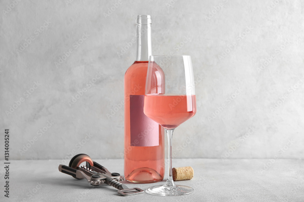 Obraz premium Glass, bottle of pink wine and corkscrew with cork on table against white background