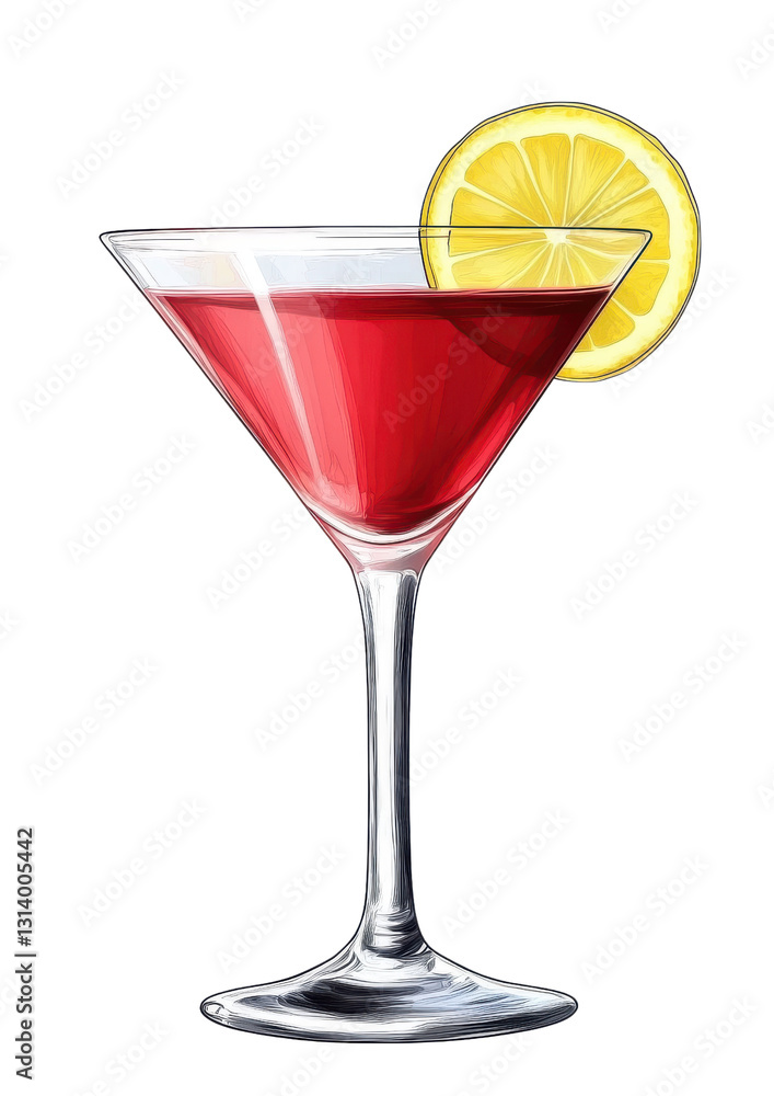 red cocktail in martini glass with lemon garnish on white background red cocktail in martini glass with lemon garnish on white background