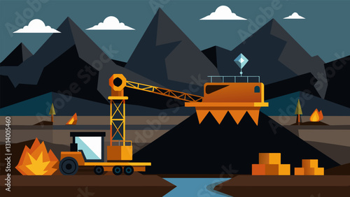 Machinery deep in a coal mine excavating black diamonds that will later be used to generate electricity.. Vector illustration