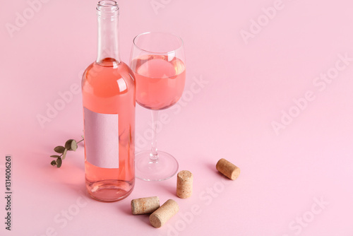 Pink rose wine bottle and g...