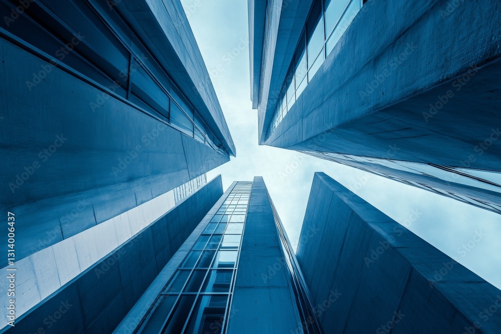 Obraz premium Looking Up at Tall Modern Buildings with Concrete and Glass Facades Under Cloudy Sky