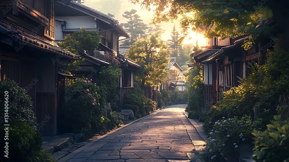 Fototapeta premium Sunlit Japanese street scene with traditional houses and lush greenery.