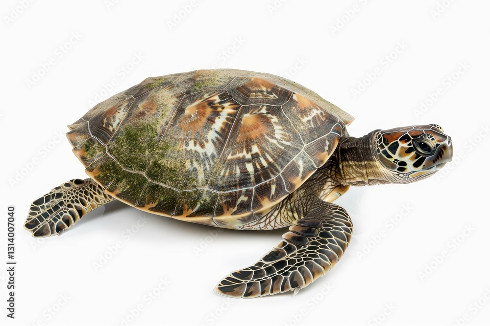 Obraz premium Sea turtle on a white background showcasing detailed shell patterns.