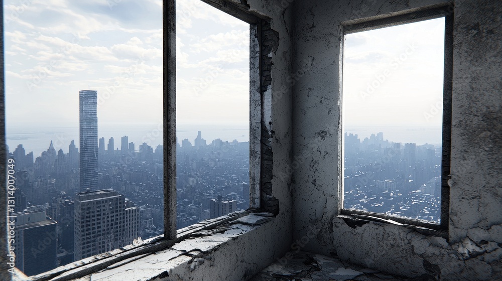 Abandoned Room with Panoramic View of a City Skyline Abandoned Room with Panoramic View of a City Skyline