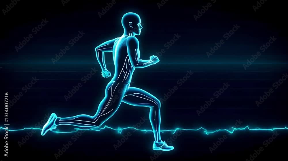 Abstract silhouette of running man in glowing blue neon light Abstract silhouette of running man in glowing blue neon light