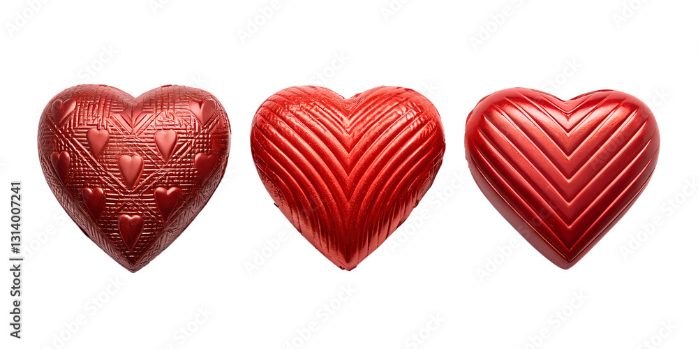 Fototapeta premium Three Different Styles of Red Heart-Shaped Chocolate Candies for Heartwarming and Romantic Dessert Photography, Cut Out