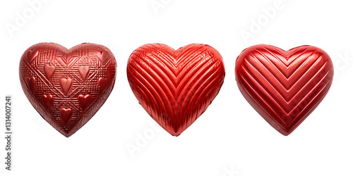 Three Different Styles of Red Heart-Shaped Chocolate Candies for Heartwarming and Romantic Dessert Photography, Cut Out