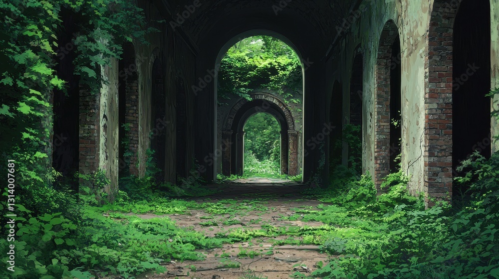 Obraz premium Overgrown Abandoned Building Corridor with Lush Greenery and Arches