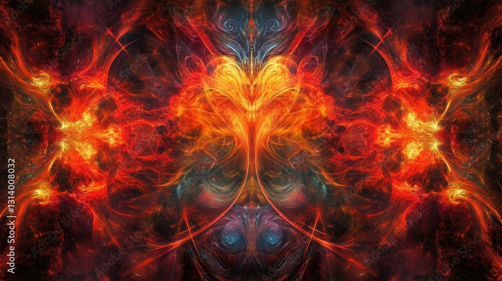 Fototapeta premium Symmetrical abstract artwork featuring fiery colors and intricate details
