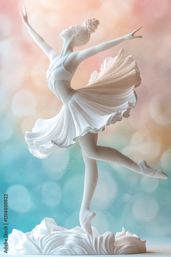 Naklejka premium A ballerina figurine with a light tutu and soft white slippers, captured mid-leap, her arms stretched forward. The porcelain surface shimmers under the light, emphasizing her ethereal elegance.