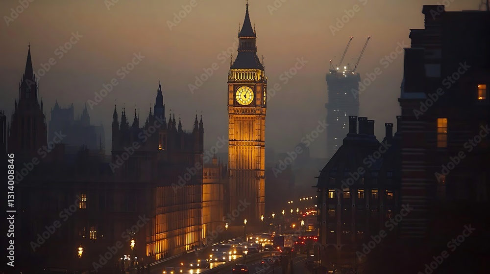 Fototapeta premium Illuminated Big Ben and Houses of Parliament shrouded in evening fog, with city traffic and construction cranes in the background.