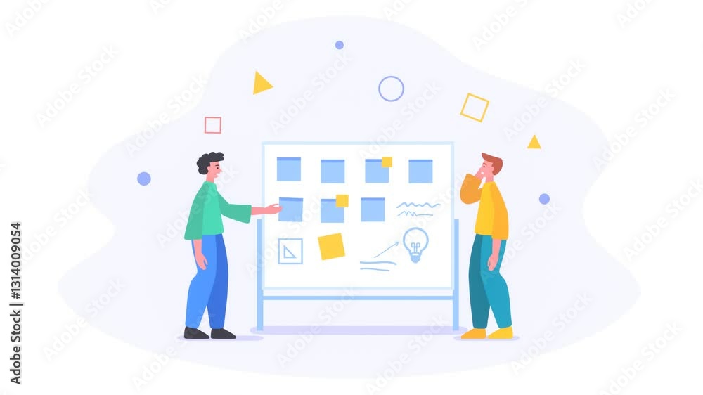 Brainstorming, business meeting or planning, people stand near whiteboard, discuss or communicate, 2d loop animation video Brainstorming, business meeting or planning, people stand near whiteboard, discuss or communicate, 2d loop animation video