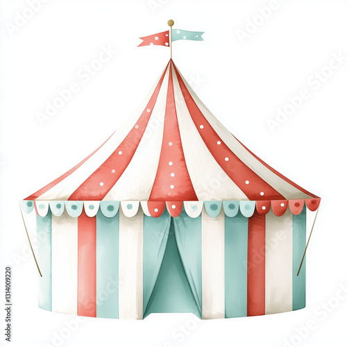 circus tent in watercolor style, isolated on white background. The vibrant, fluid brushstrokes capture the whimsical and colorful essence of a classic circus, perfect for event designs, 