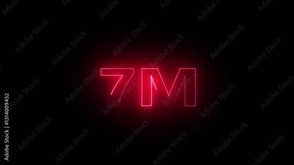 Glowing neon text 7M , glowing neon sign on black background.