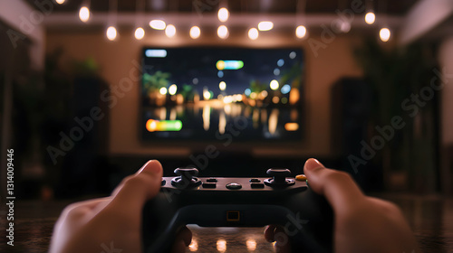 A person holding a video game controller playing on a screen photo