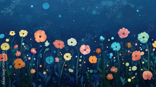 Vibrant Floral Illustration with Colorful Flowers and Night Sky