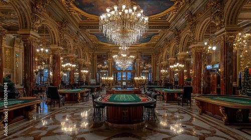 Gambling tables with chairs in luxurious, gilded casino under ornate chandelier