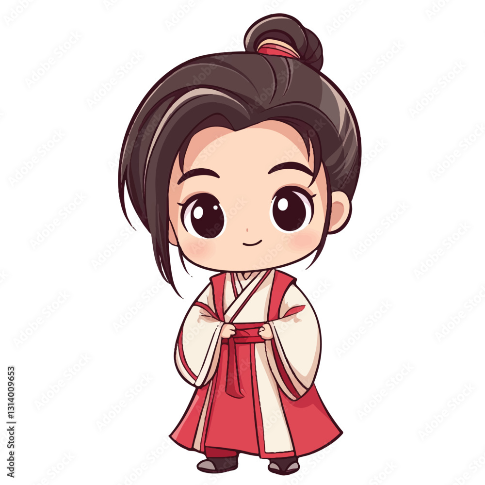A chibi boy dressed in a traditional Chinese hanfu stands proudly, his bright eyes full of energy. His flowing robes and wide sleeves add to his graceful yet playful charm. With a cheerful smile, he e A chibi boy dressed in a traditional Chinese hanfu stands proudly, his bright eyes full of energy. His flowing robes and wide sleeves add to his graceful yet playful charm. With a cheerful smile, he e