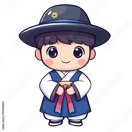 A chibi  boy dressed in a colorful Korean hanbok smiles sweetly, her round eyes shining with joy. Her delicate jeogori and flowing chima sway gently as she moves. She radiates a charming and graceful 
