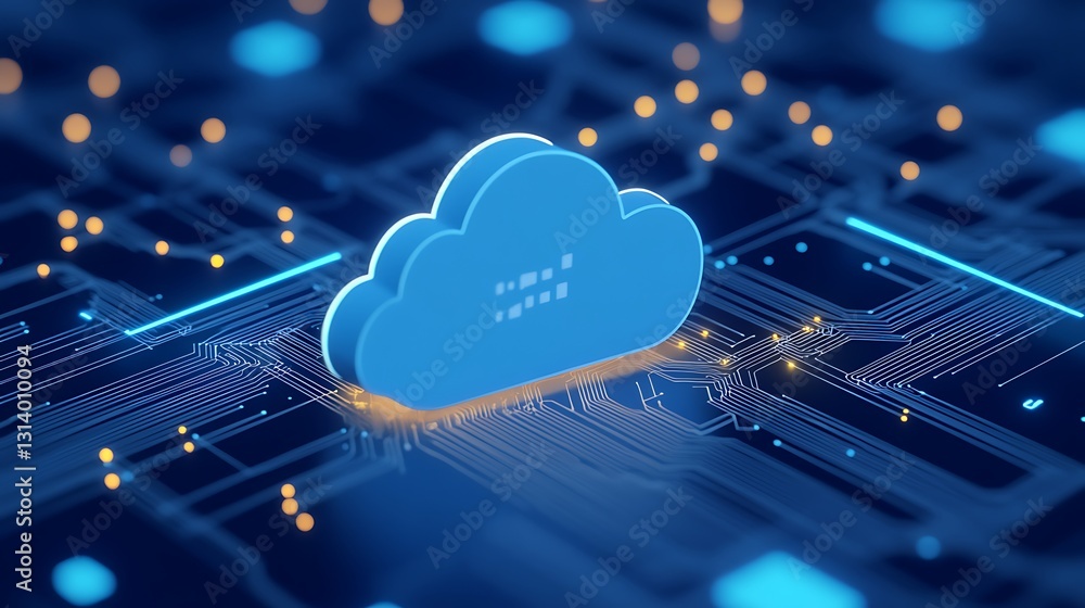 Abstract digital cloud concept over blue circuitry, representing data storage and technology innovation Abstract digital cloud concept over blue circuitry, representing data storage and technology innovation