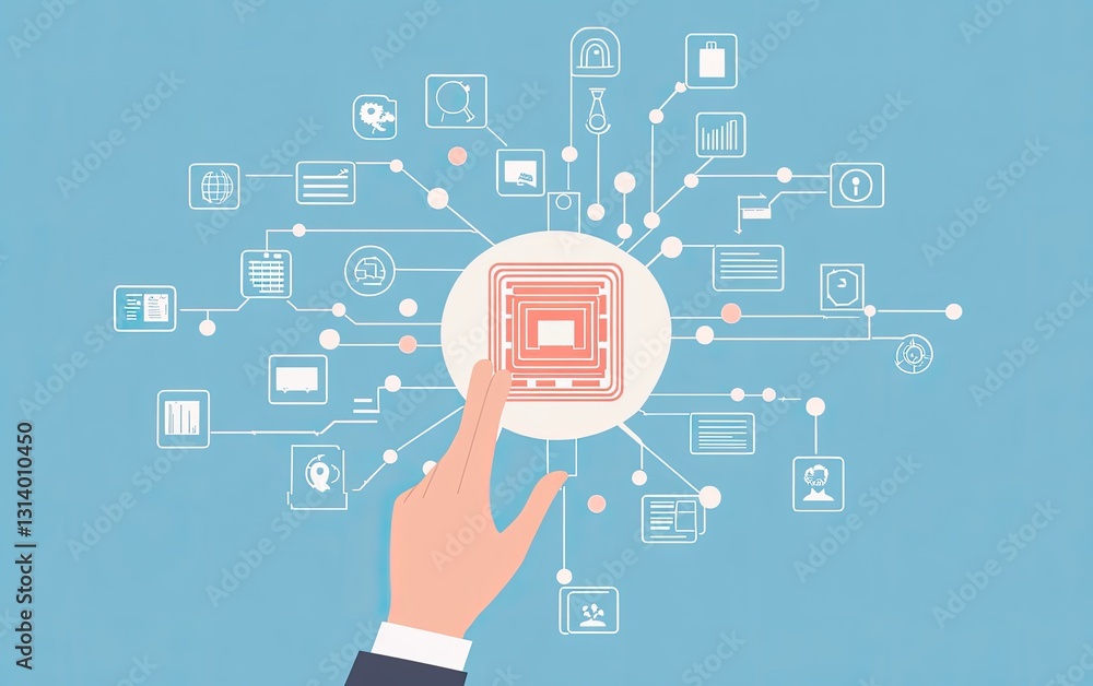 Touching a central chip, connected to business icons Touching a central chip, connected to business icons