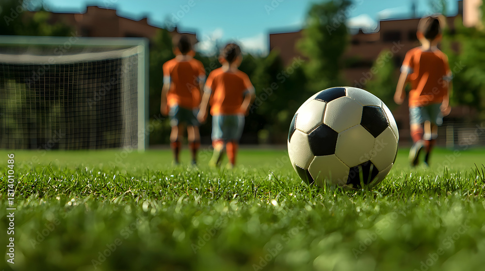 Fototapeta premium A soccer ball on the grass with players on the field
