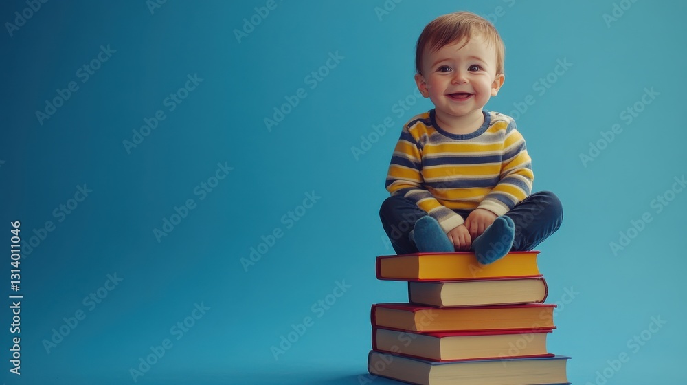 Small smiling boy sits on big stack of books on blue background. Tducation and learning photo with preschool child Small smiling boy sits on big stack of books on blue background. Tducation and learning photo with preschool child