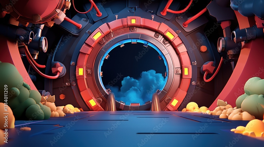 Obraz premium Gateway to another world Portal open in futuristic tunnel with cloudy sky view