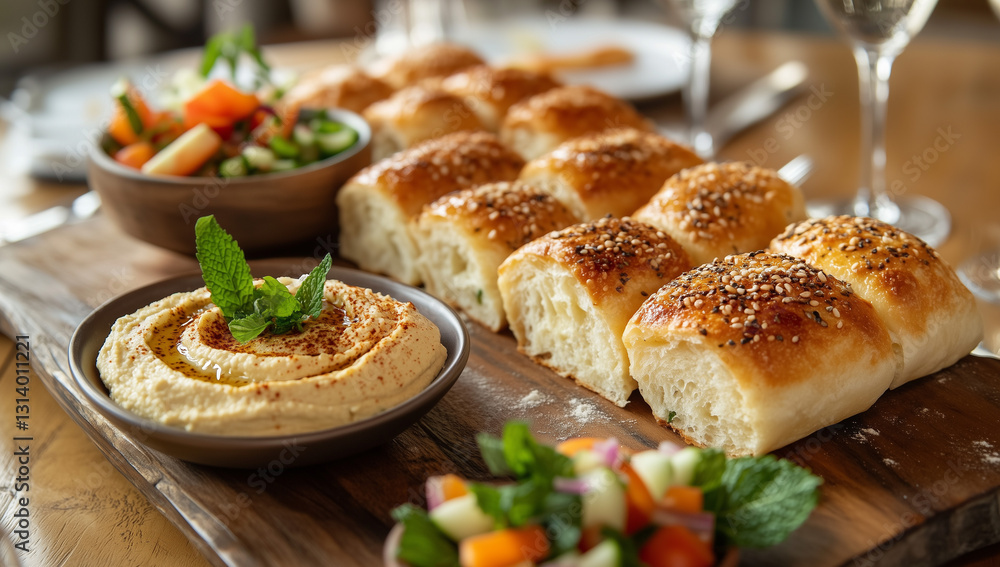 Soft Dinner Rolls with Hummus and Fresh Salad – Rustic Table Setting
Soft Dinner Rolls with Hummus and Fresh Salad – Rustic Table Setting