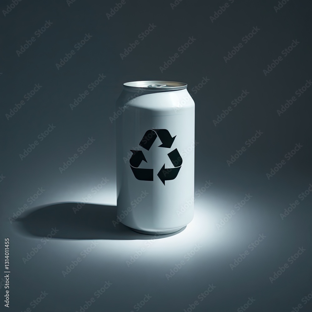 Fototapeta premium A high-contrast, low-key lighting image of a white aluminum can featuring a recycling symbol, isolated on a white background. The scene emphasizes deep shadows and a dramatic effect