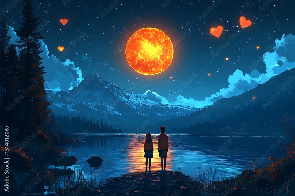 Two figures watching a large sunset over a mountain lake together Two figures watching a large sunset over a mountain lake together